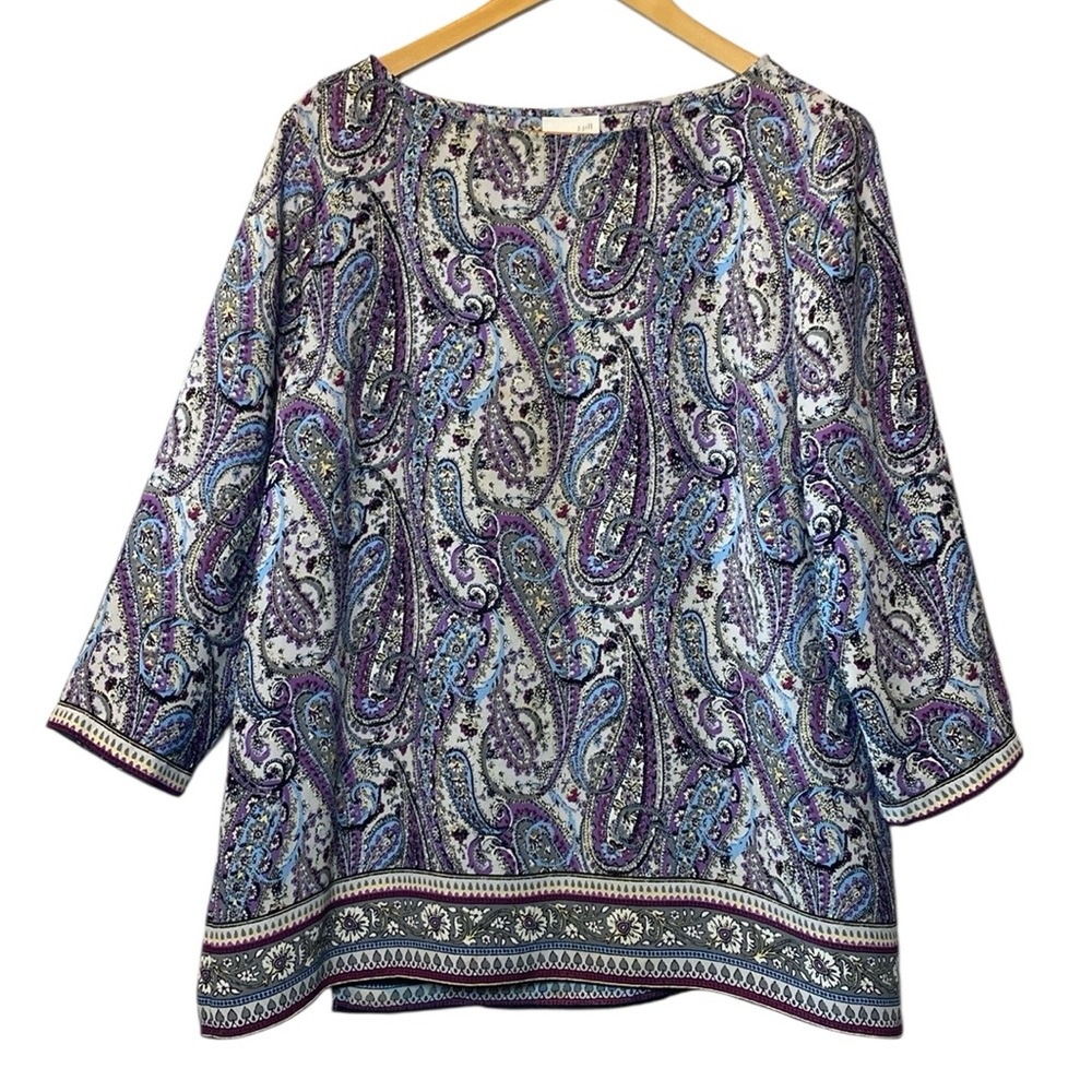 J Jill Adara Paisley Split Back Top Women’s Large Purple Printed 3/4 Sleeve Boho